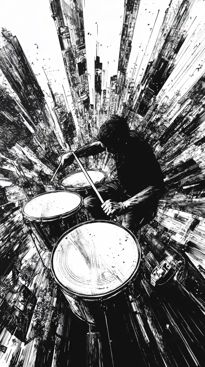 Drummer smashing a drum set in explosive urban illustration