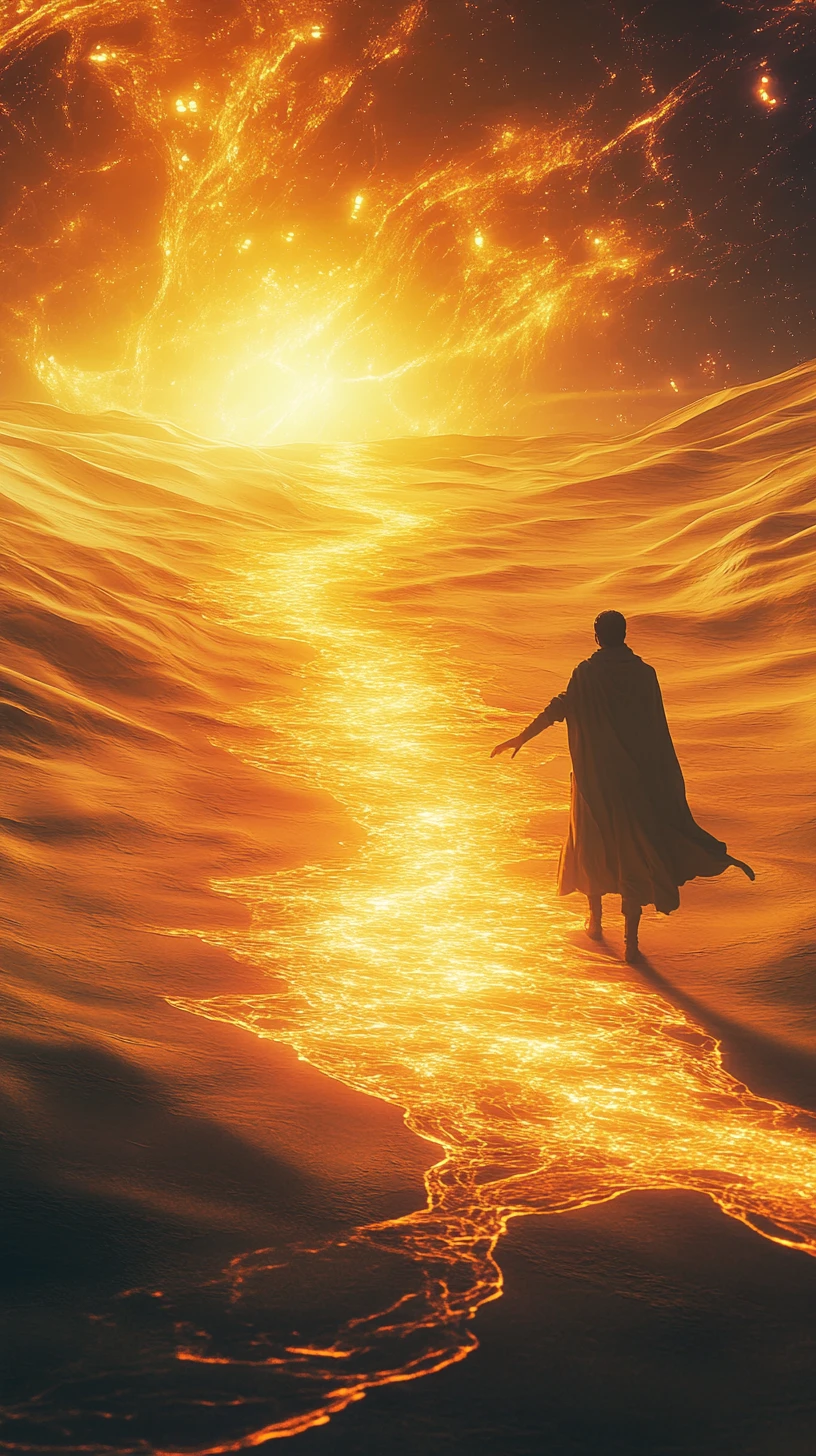 Lone traveler reaching for shimmering mirage in desert