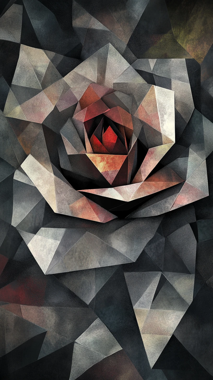 Dipinto di rosa cubista geometrica con chiaroscuro drammatico
