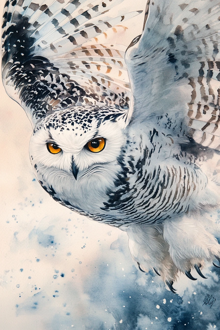 Snowy owl lunging forward in close up watercolor painting
