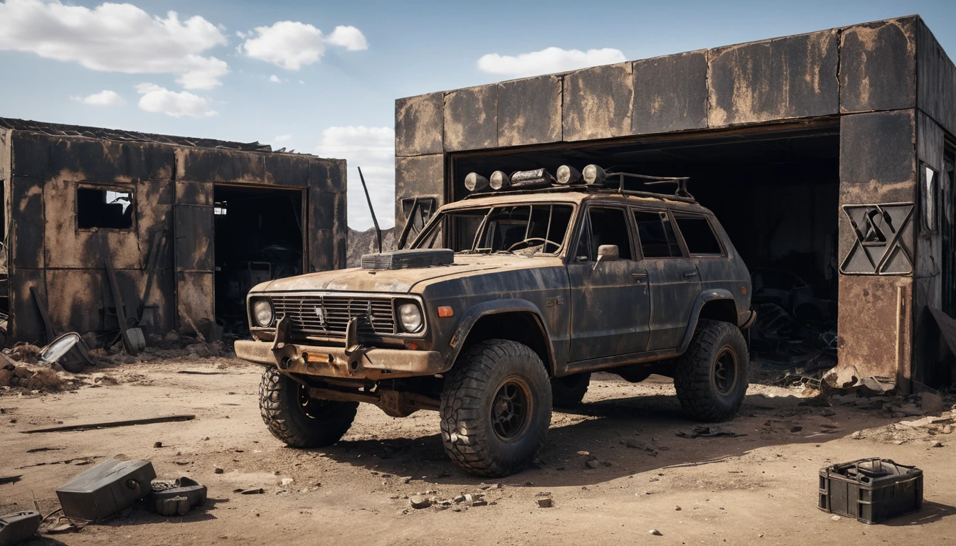 Carro off-road blindado em uma garagem abandonada no ermo