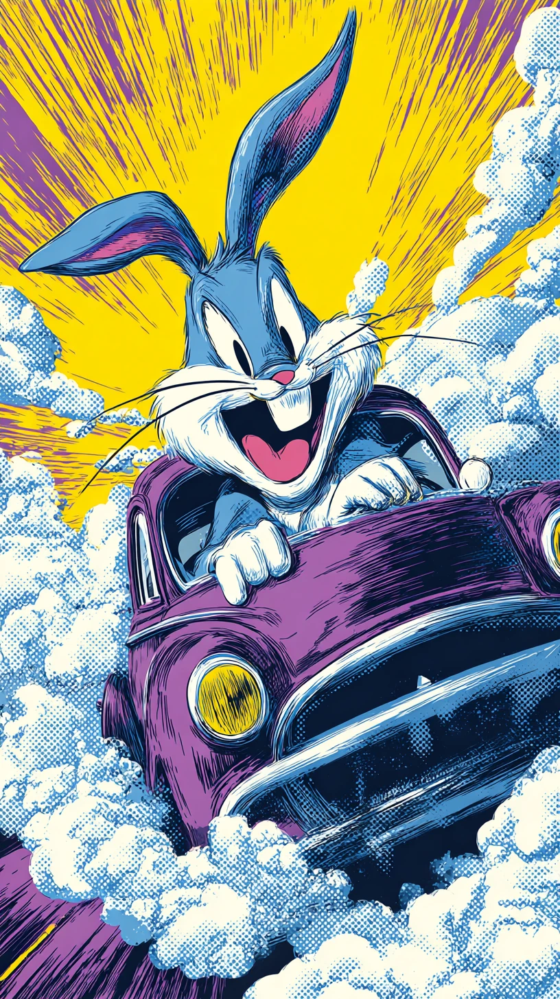Coelho de desenho animado dirigindo um carro antigo em um céu brilhante
