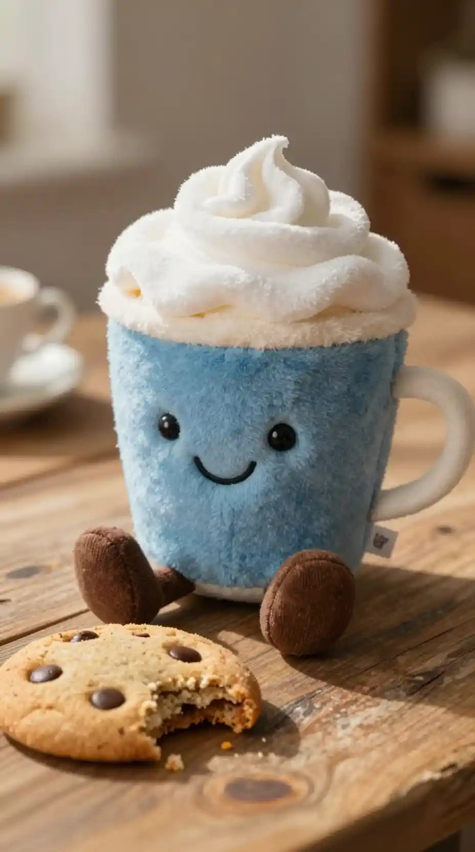 Morbido peluche di latte con biscotto su tavolo di legno