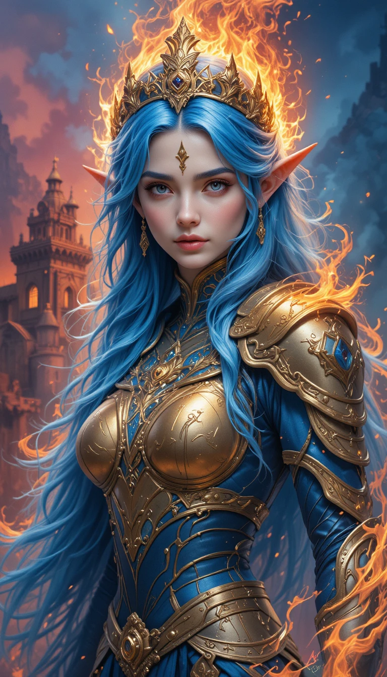 Reine elfe aux cheveux bleus en armure dorée avec des flammes tourbillonnantes