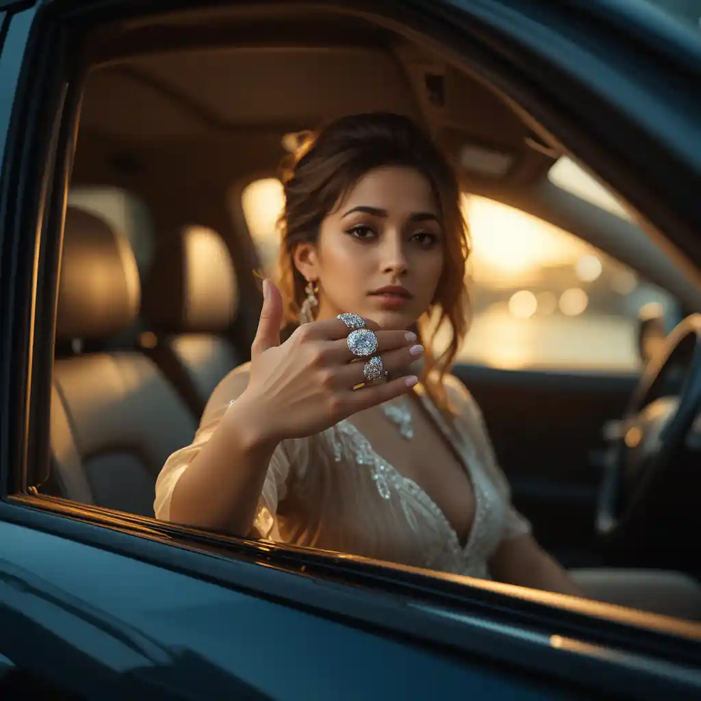 Femme élégante dans une voiture de luxe avec bague en diamant au coucher du soleil