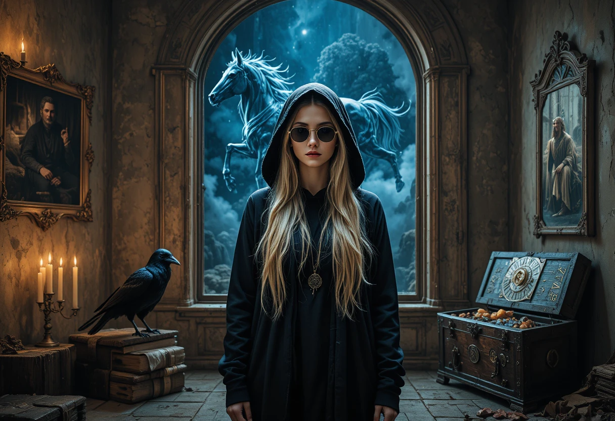Mulher mística de moletom preto diante de uma janela antiga