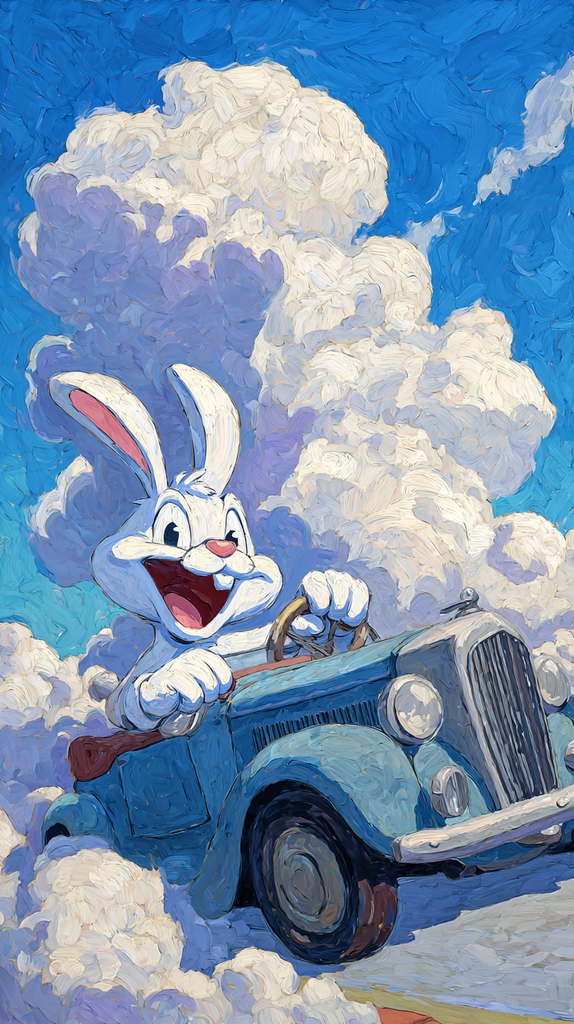 Coelho de desenho animado sorrindo enquanto dirige um carro antigo pelas nuvens