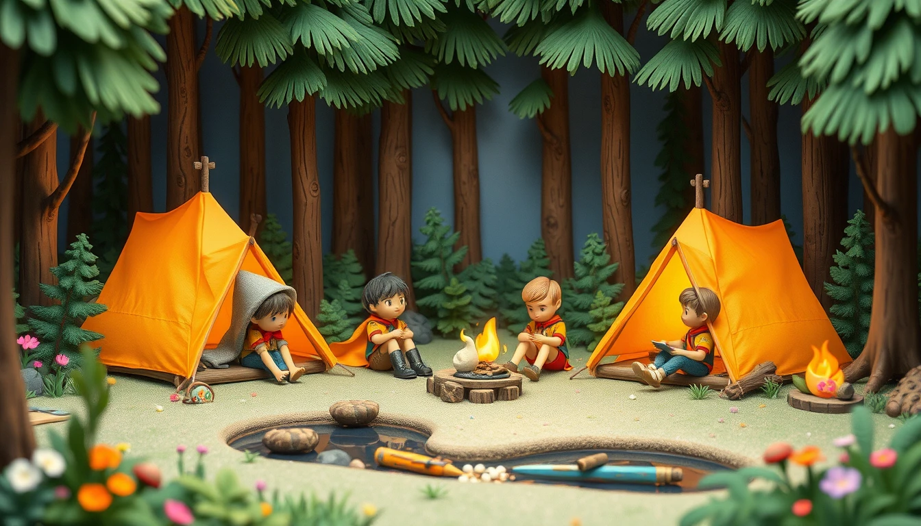 Illustration enfantine en pâte à modeler de scouts campant dans une forêt
