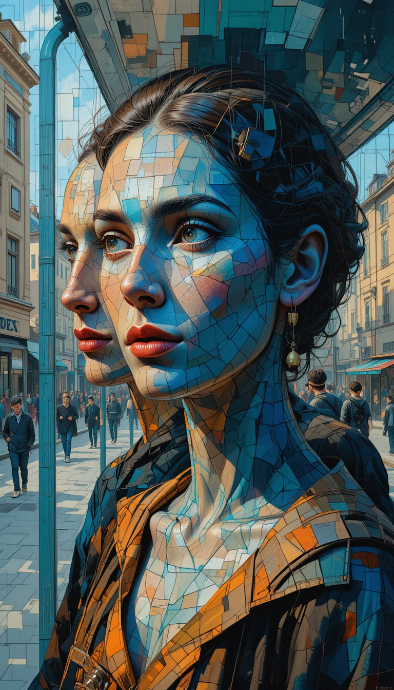 Fragmented cityscape in overlapping geometric planes of color