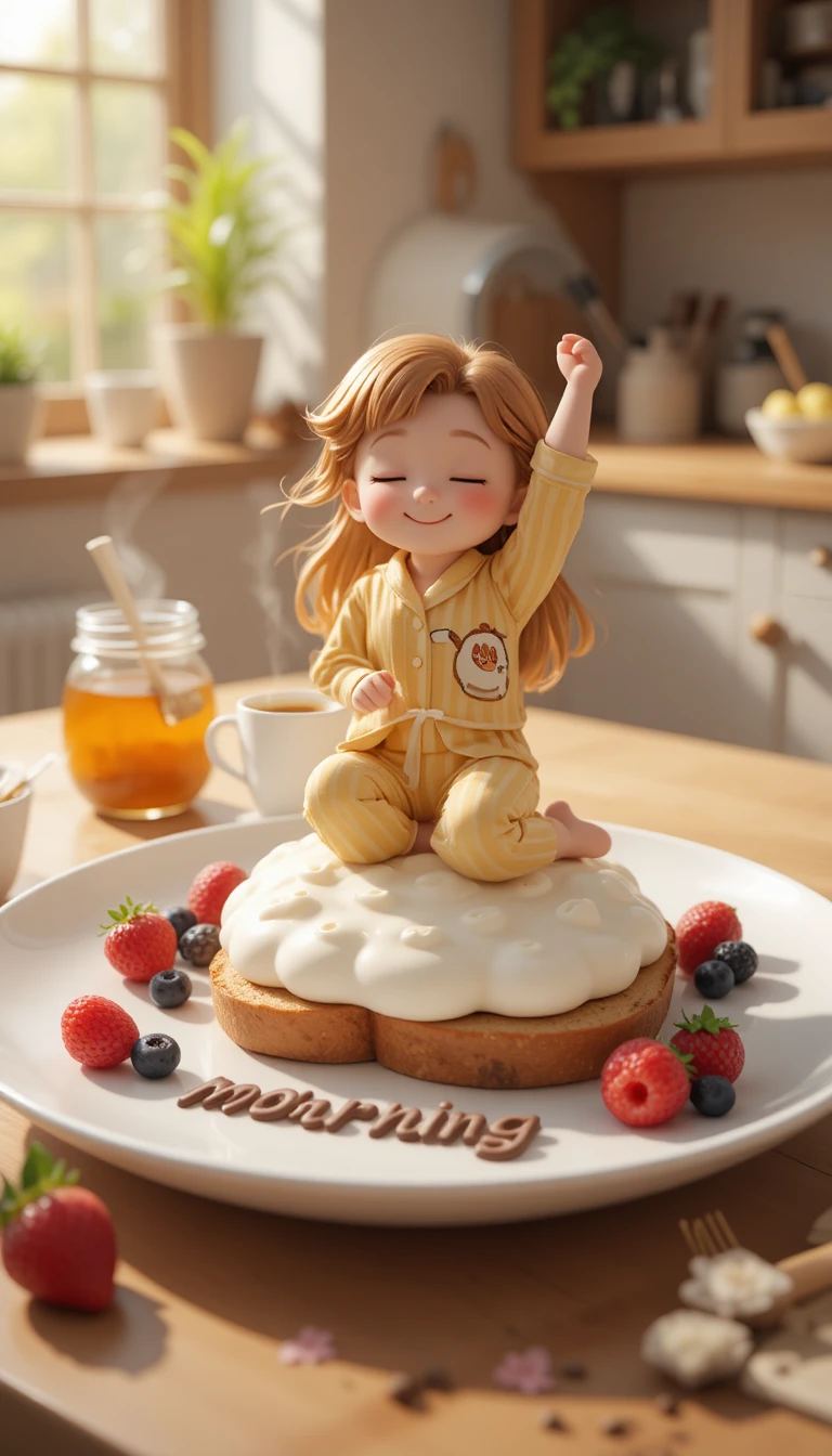 Süßes Chibi-Mädchen, das sich auf Toast in einer sonnigen Küche streckt