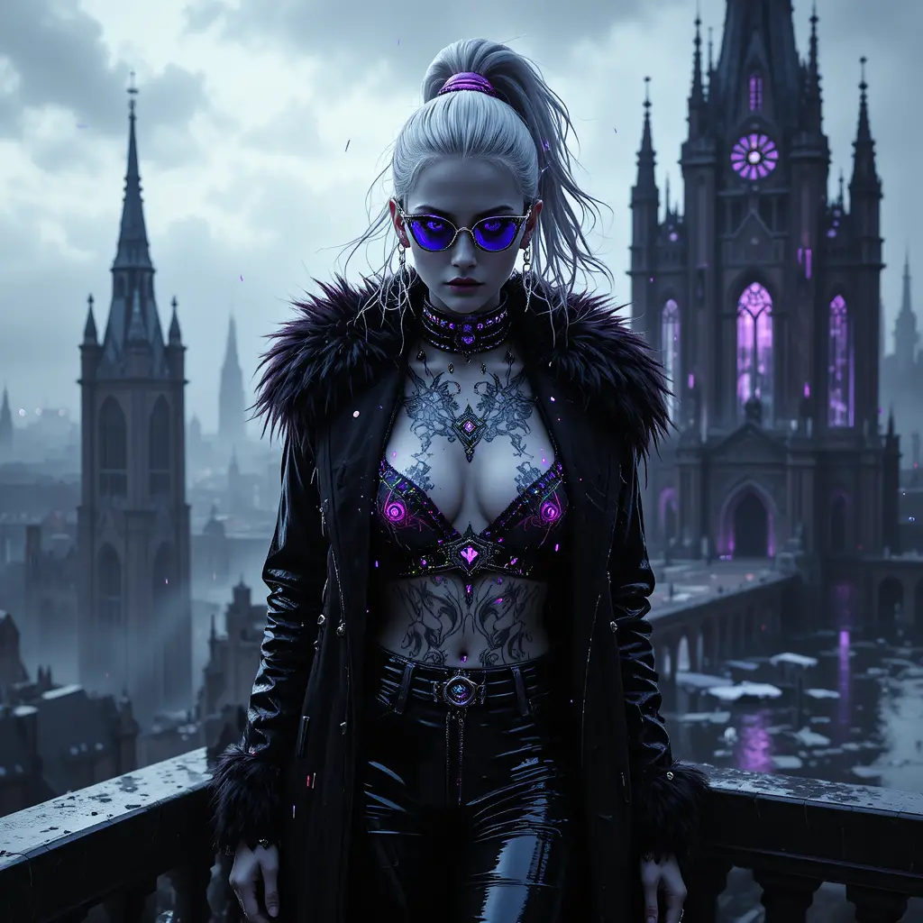 Femme fatale on flooded cathedral rooftop above drowned city