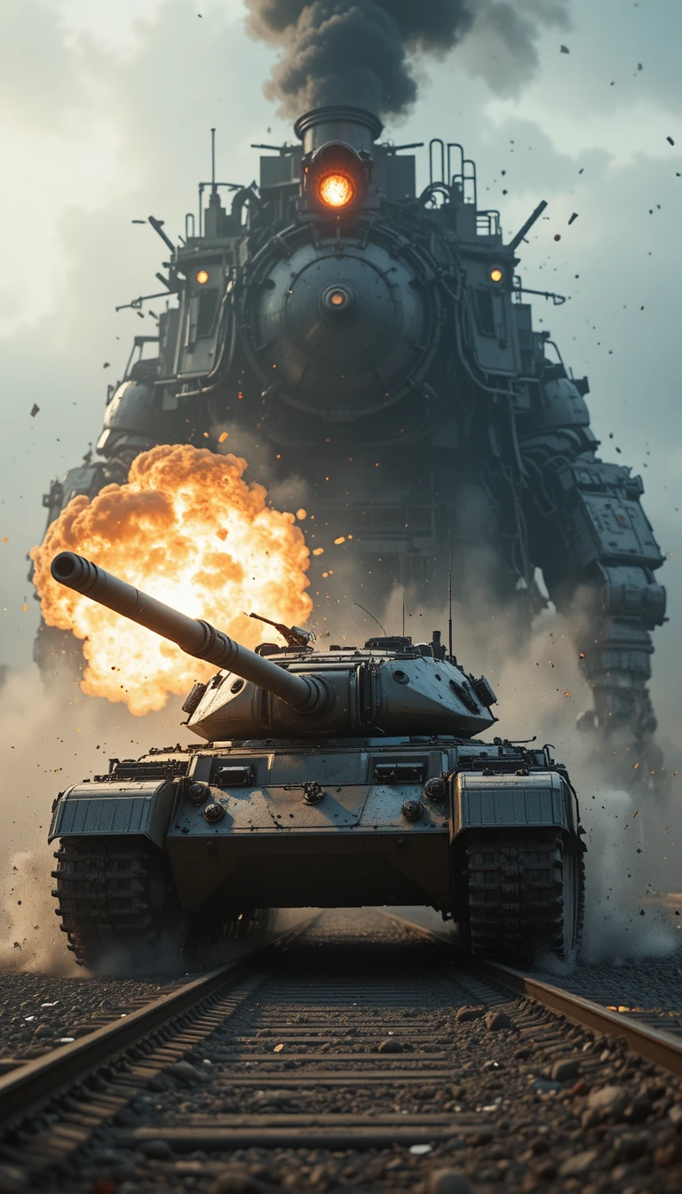 Robô socando tanque em cena dramática de batalha explosiva