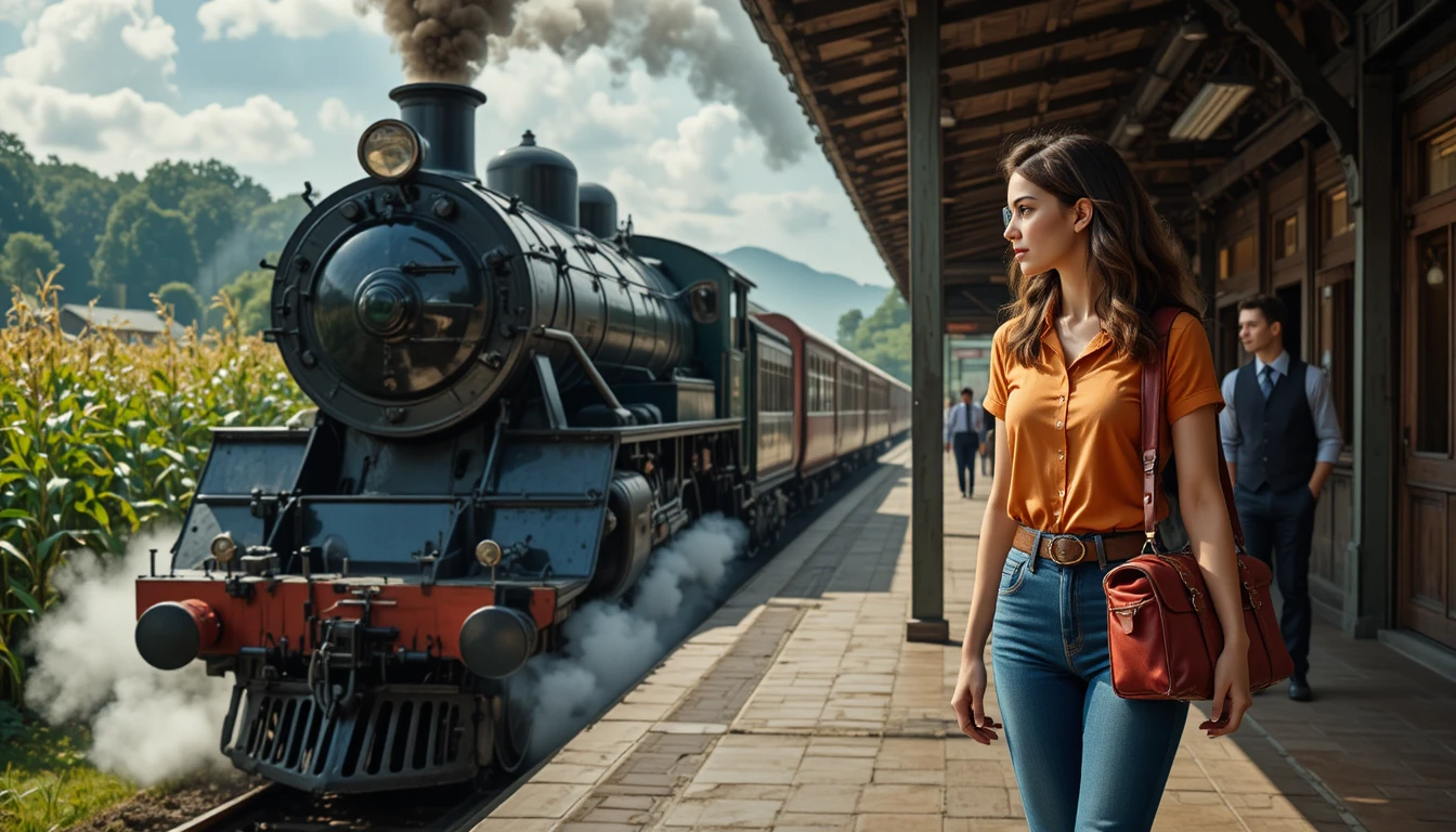 Steam train arriving at a rural station with young travelers