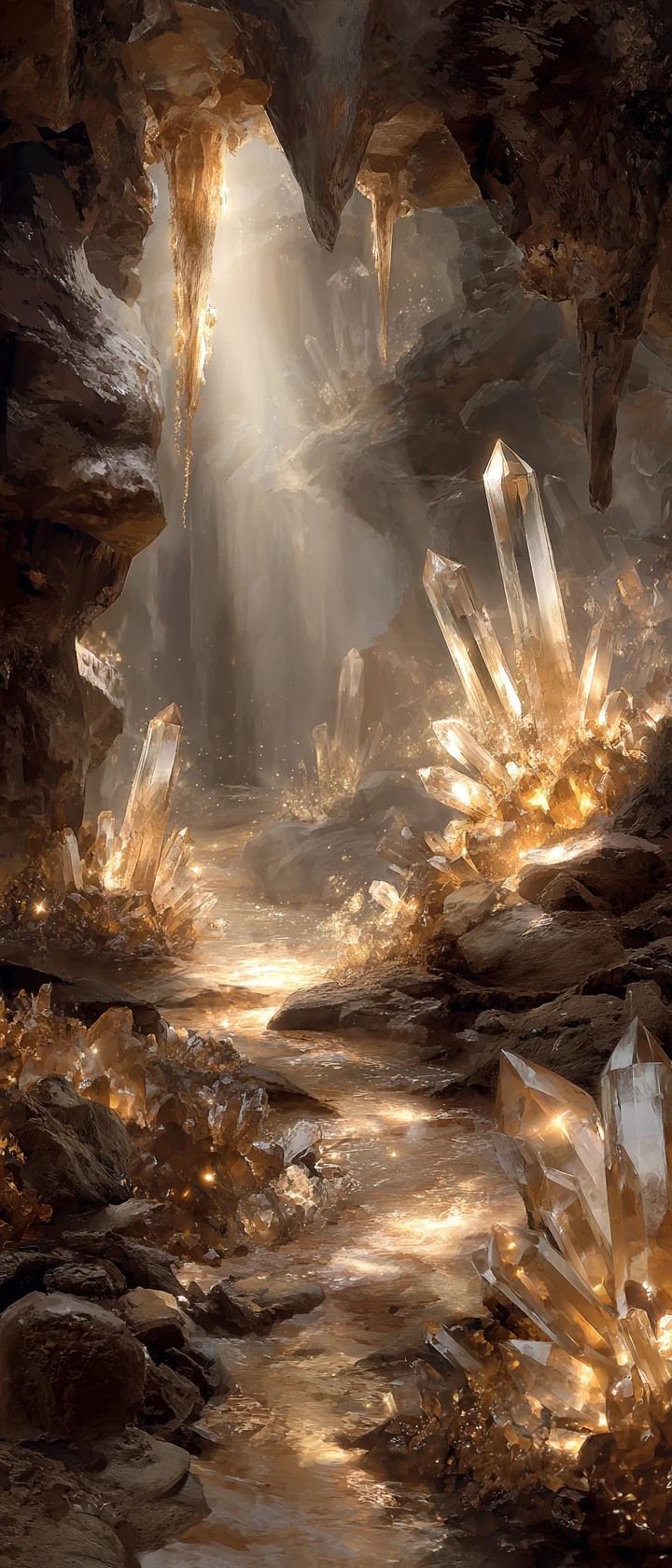 Platinum haired warrior woman in a glowing crystal cave
