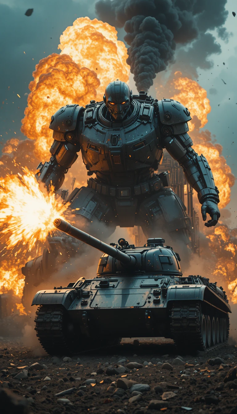 Robô socando tanque em cena dramática de explosão cinematográfica