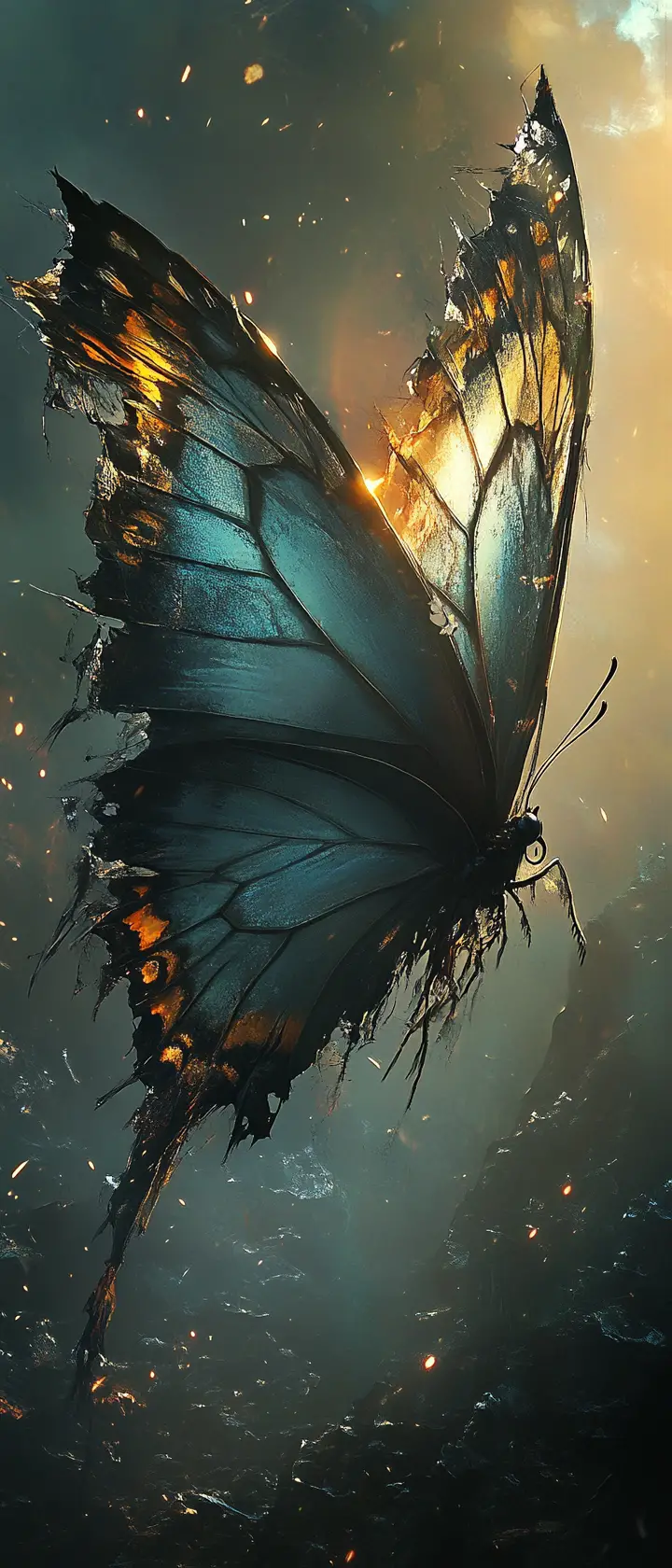 Mariposa translúcida y destrozada elevándose contra un cielo oscuro