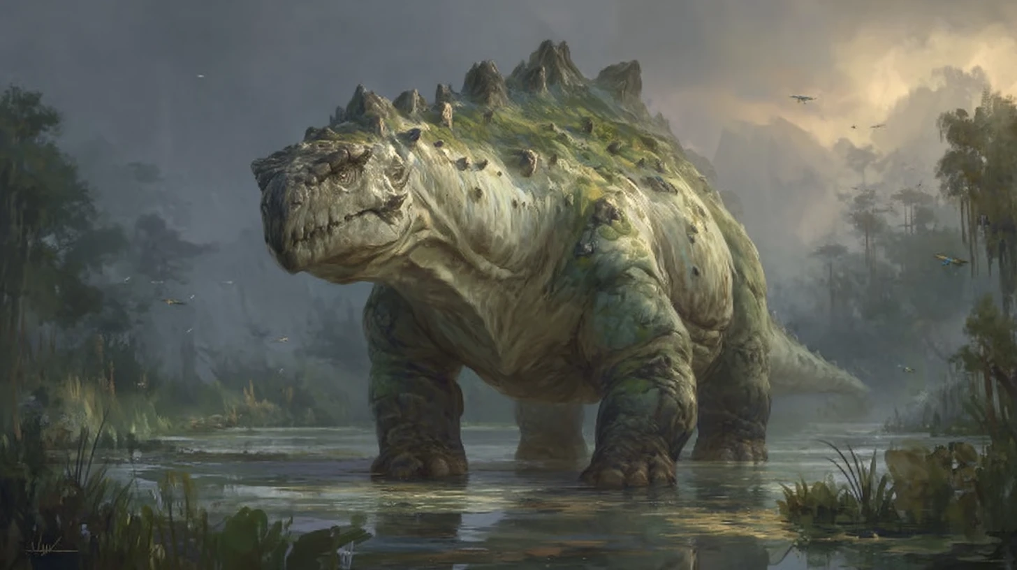 Enorme dinosaurio saurópodo vadeando un pantano primigenio cubierto de niebla