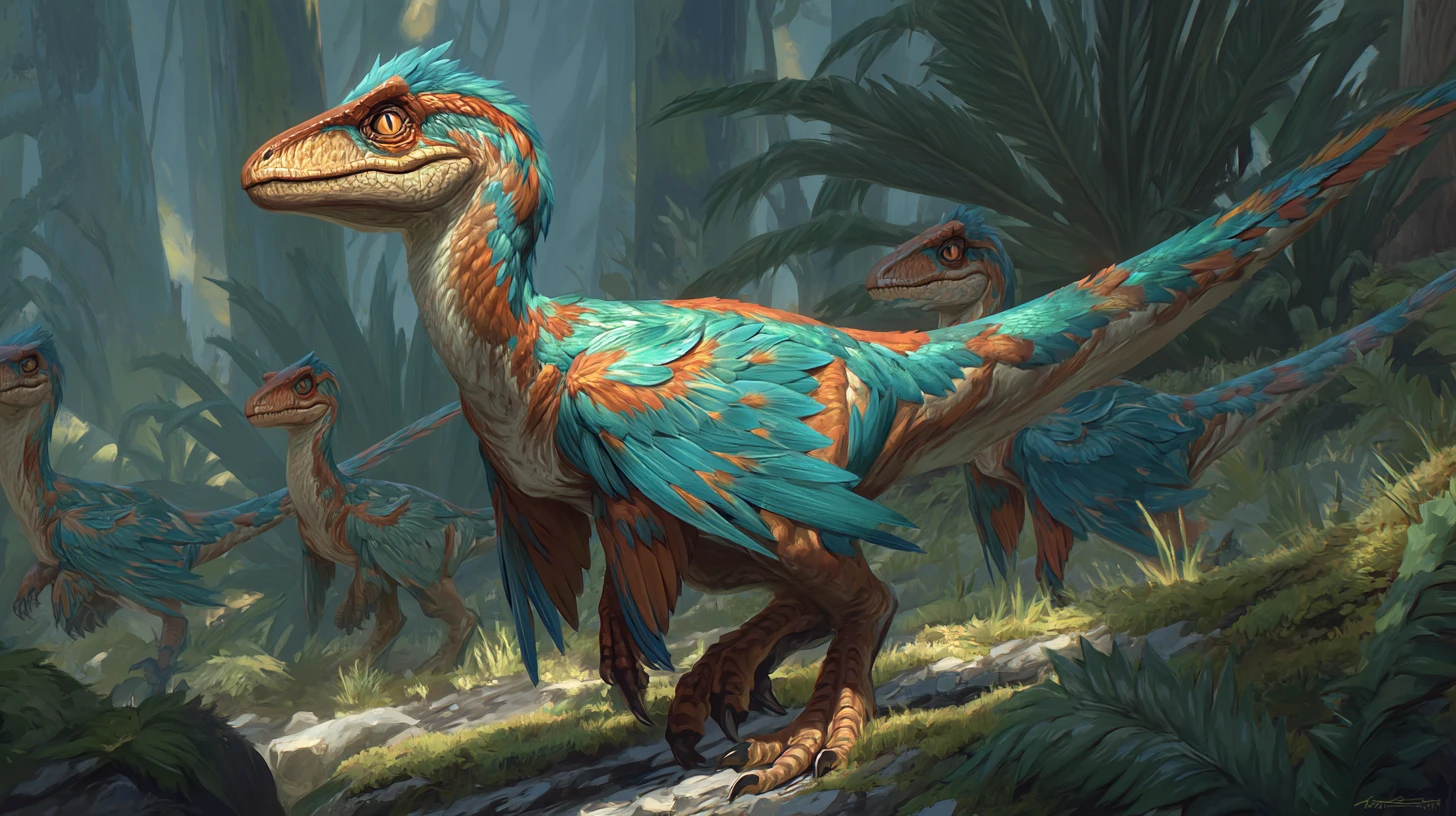 Velociraptores coloridos e emplumados caçando em uma floresta de samambaias
