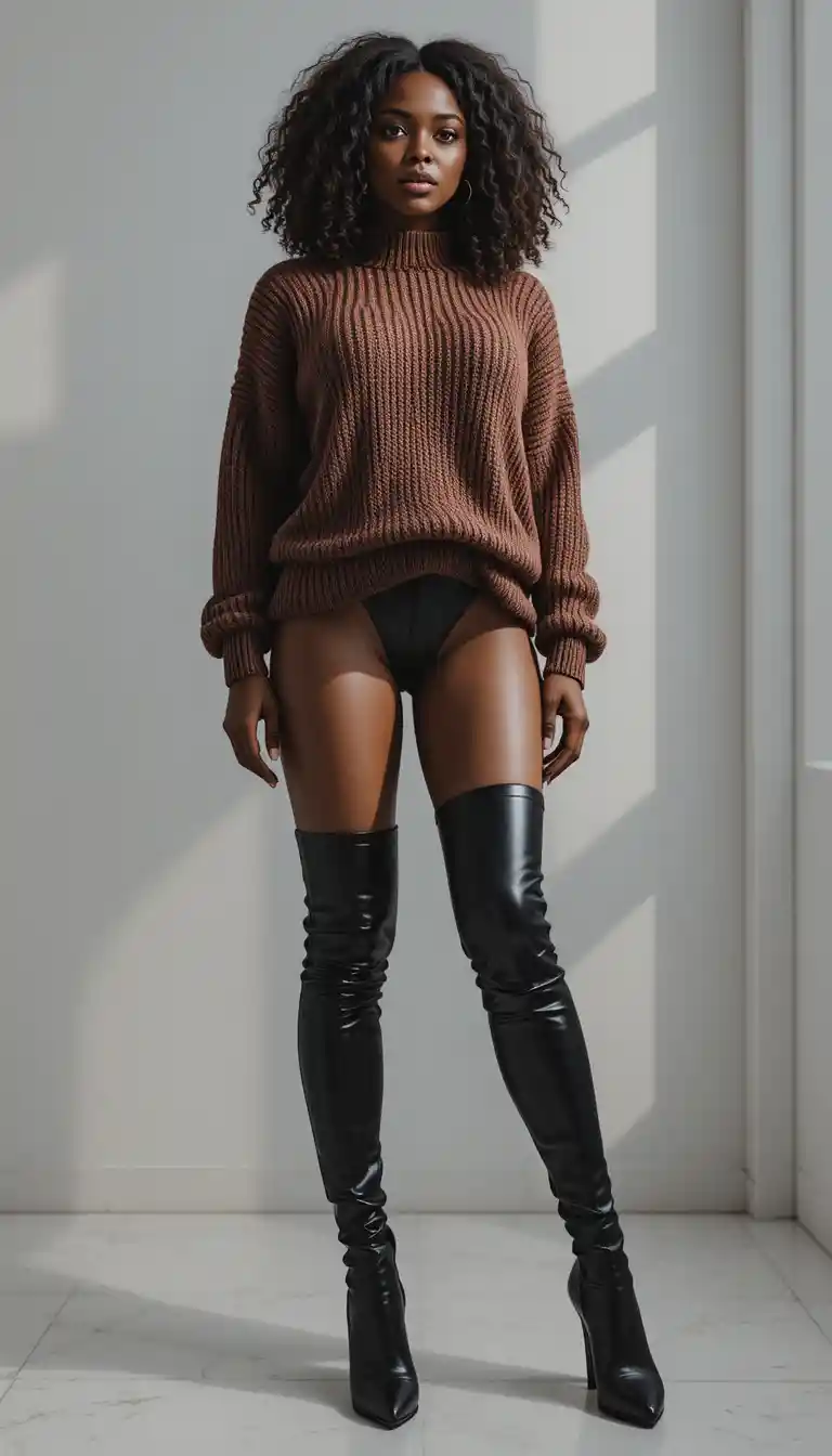 Donna nera alta con stivali col tacco alto e maglione