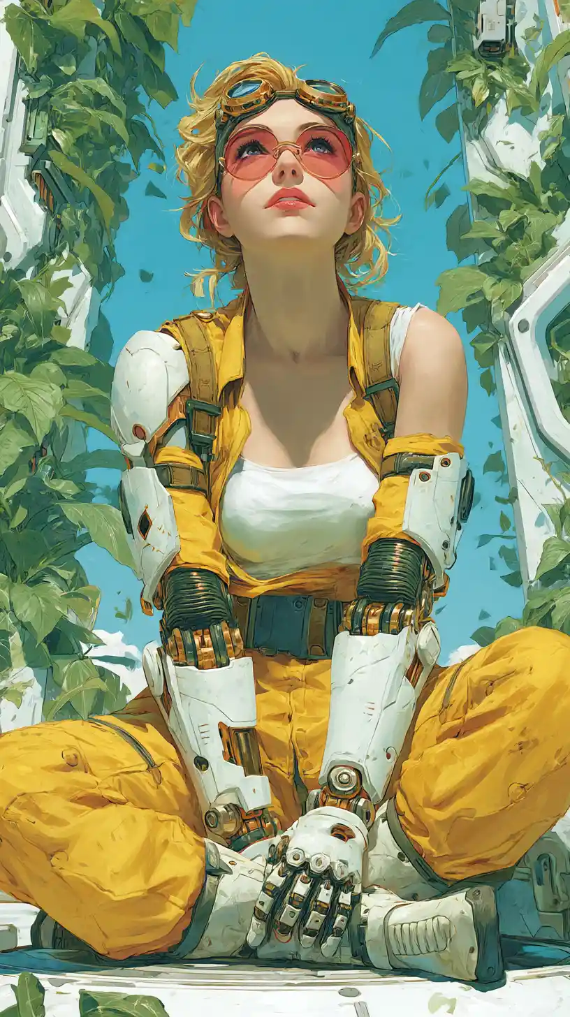 Cybernetic mechanic repairing vehicle in vertical garden city