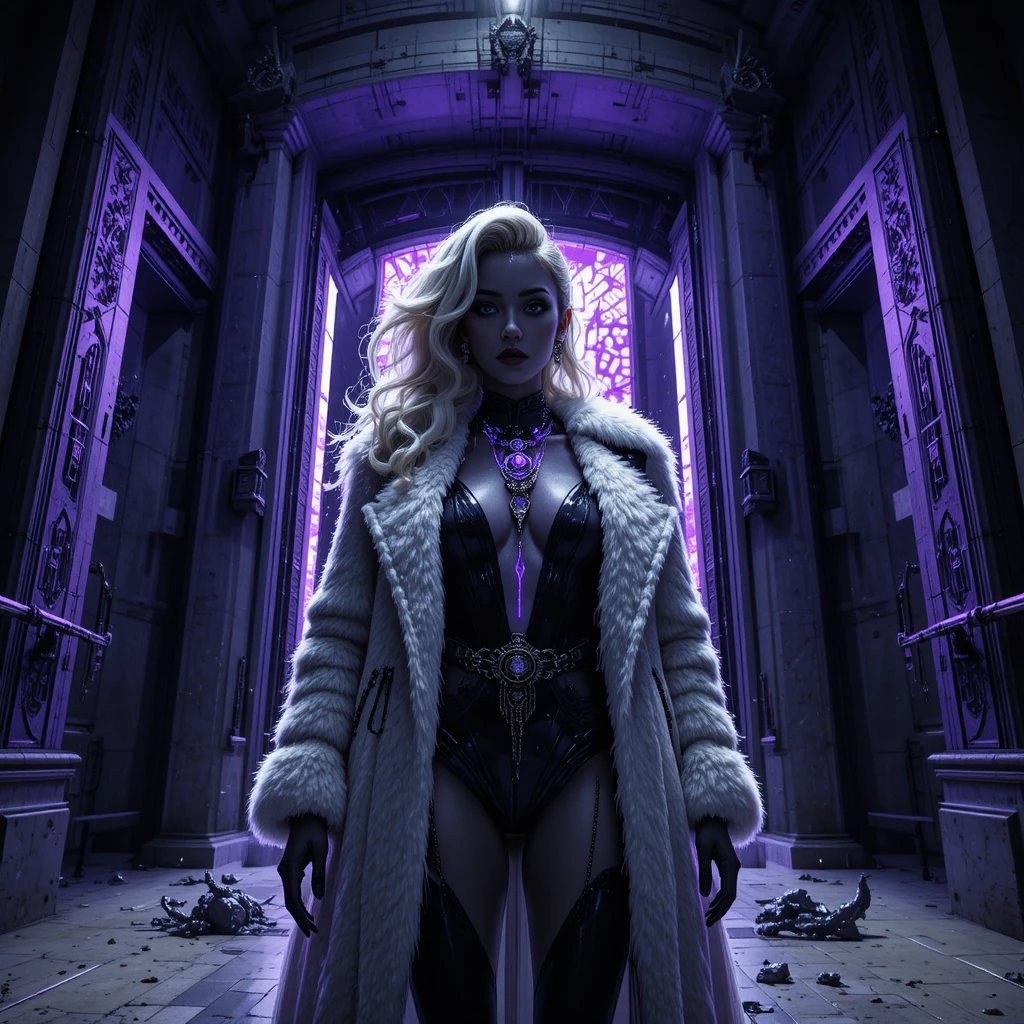 Femme fatale noir cyberpunk em entrada monumental de ópera
