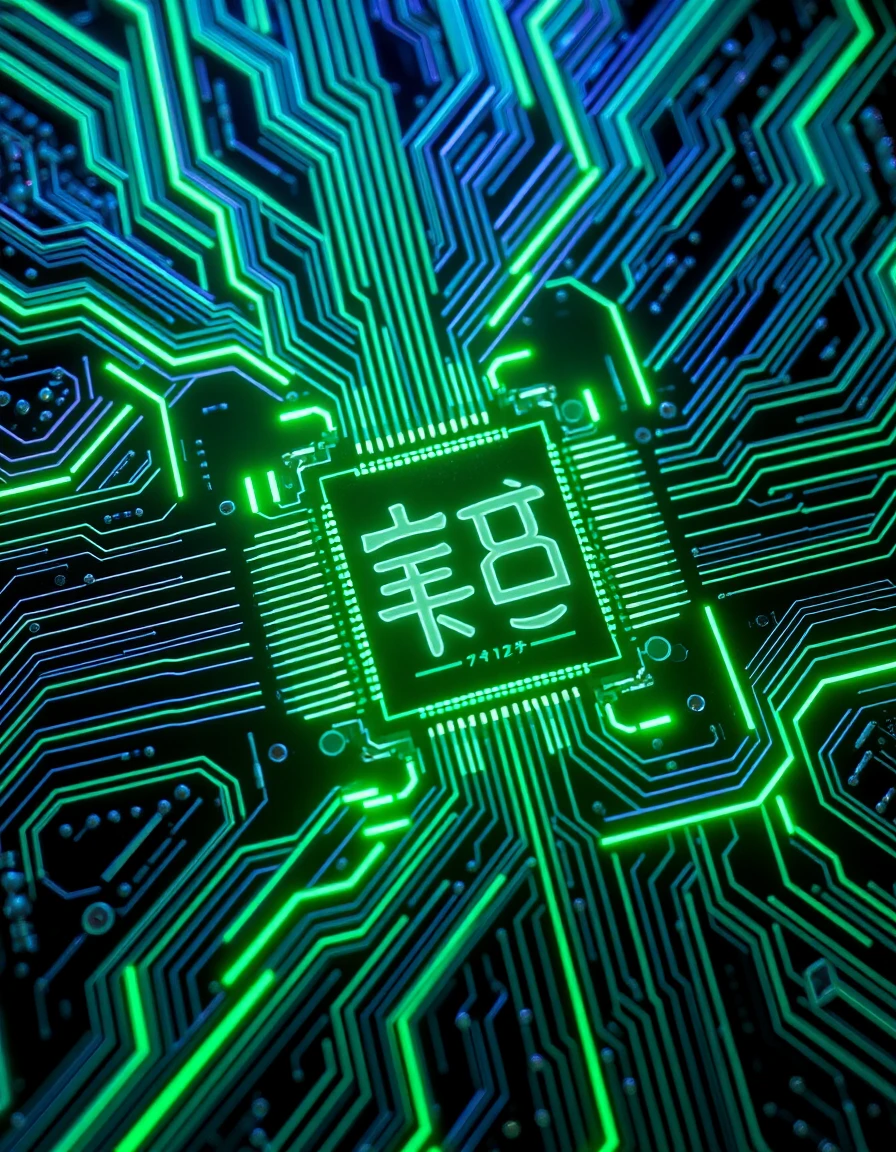 Scheda elettronica futuristica in primo piano con processore verde neon
