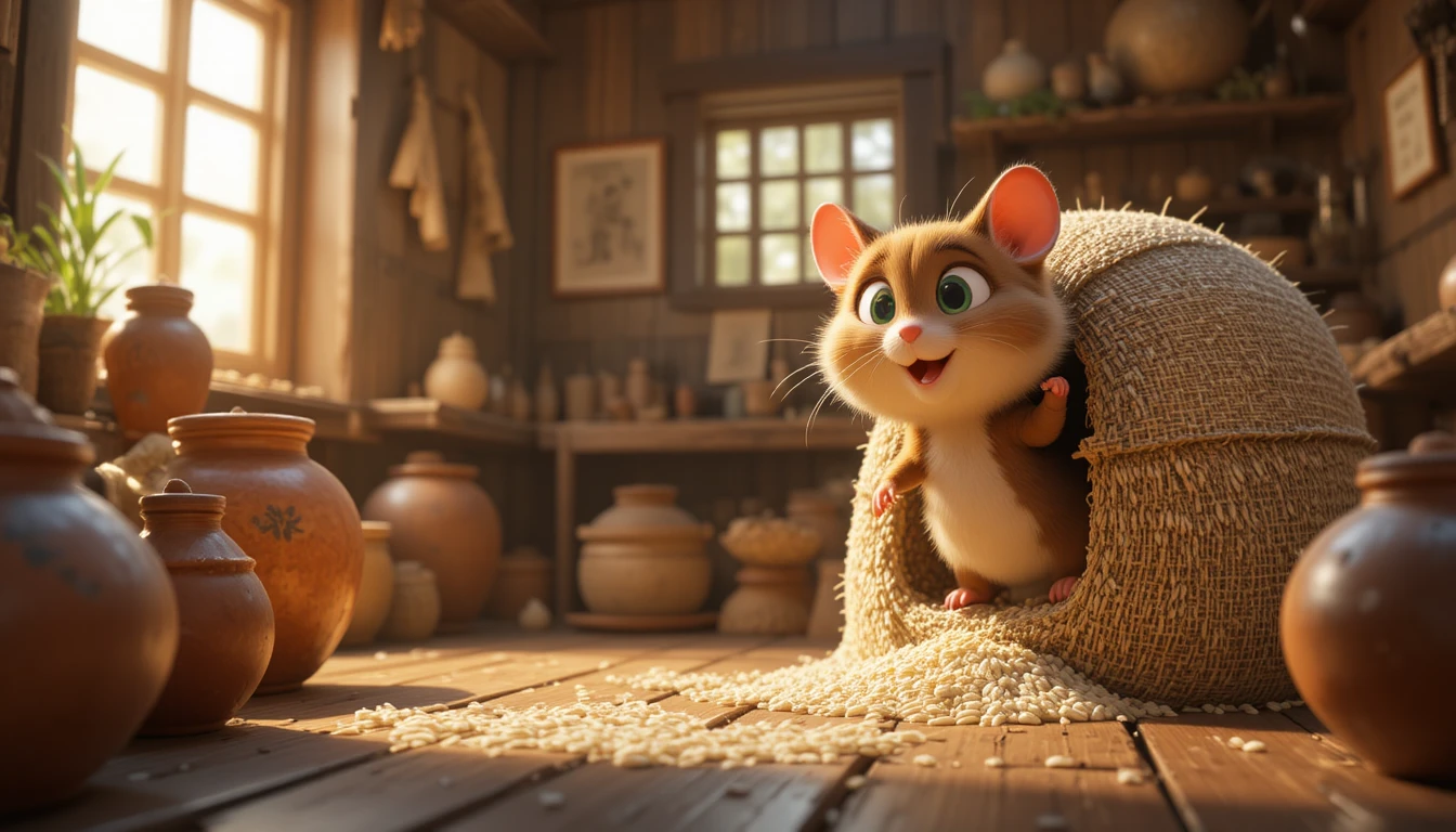 Verspielte Katze und Maus in gemütlicher 3D-Dorfküche