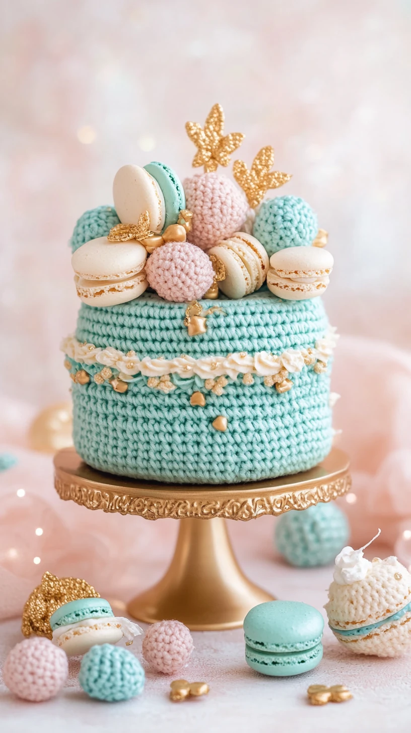 Bolo amigurumi de macarons turquesa em suporte dourado