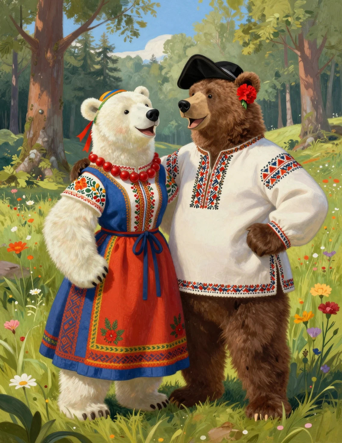 Couple d’ours joyeux dans une forêt de conte de fées slave