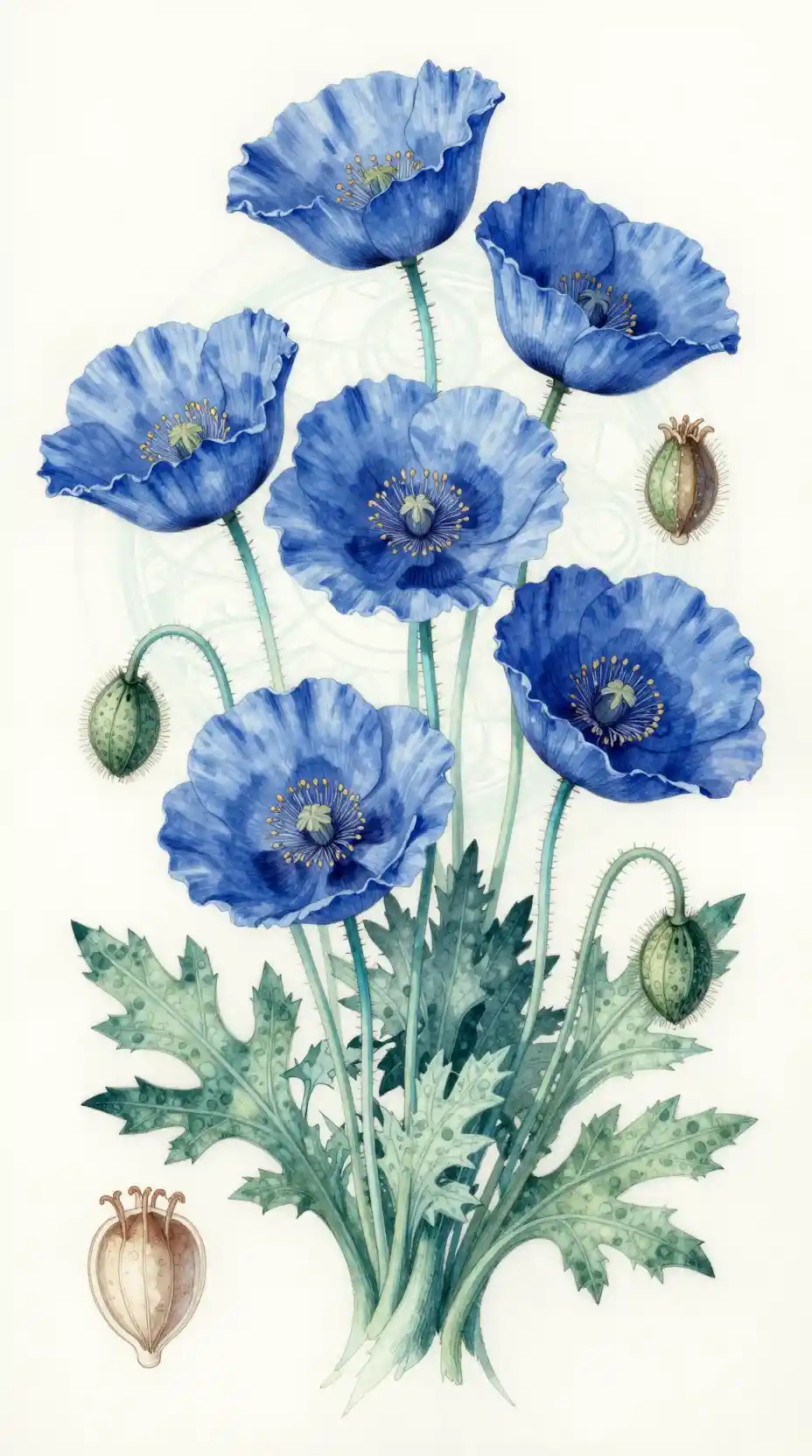 Botanische Illustration leuchtender blauer Mohnblumen auf Pergament