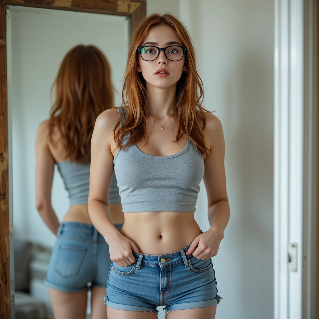 Junge Frau in Jeansshorts besorgt vor dem Spiegel