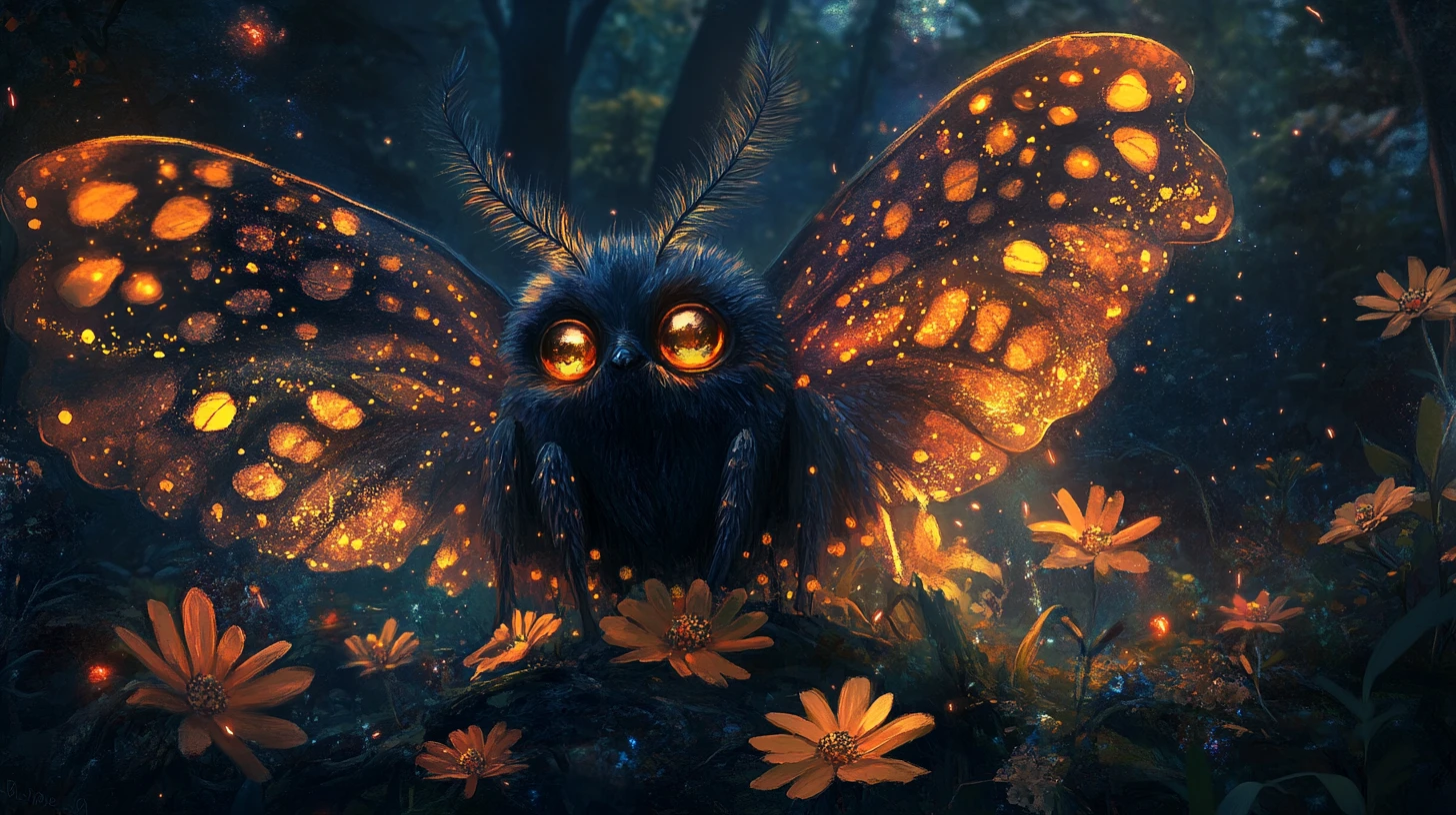 Cute moth creature with glowing eyes among night flowers