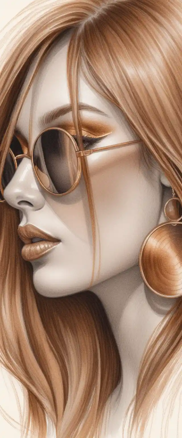 Elegant fashion illustration of a woman in profile with gold sunglasses
