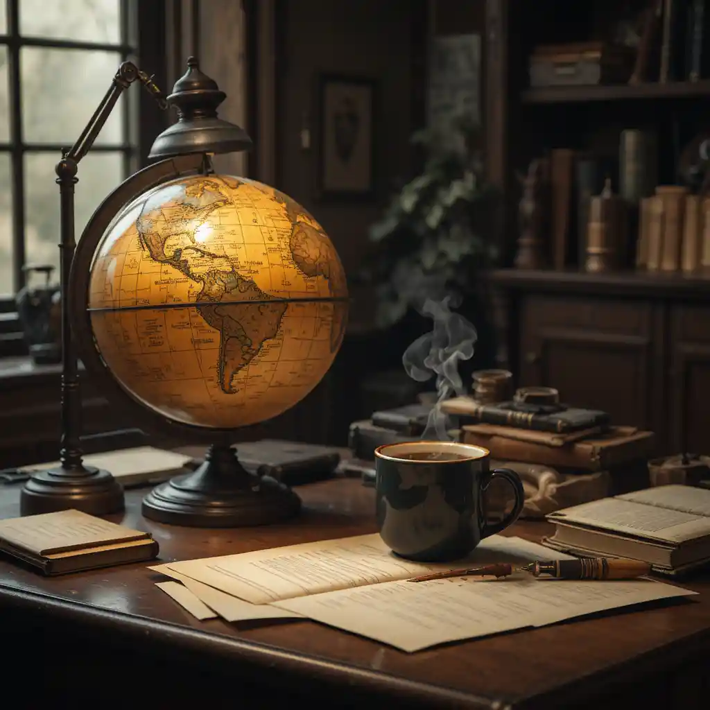 Accogliente Scrivania Vintage con Globo e Caffè Fumante