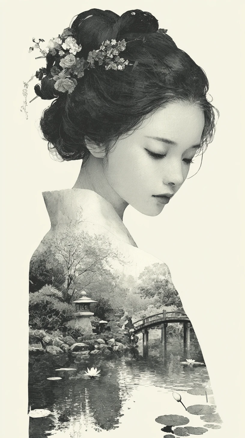 身著和服的寧靜日本女子與內庭花園景致