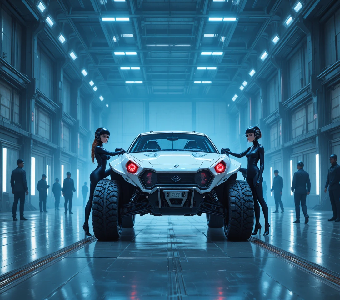 Veículo blindado futurista em hangar industrial gelado