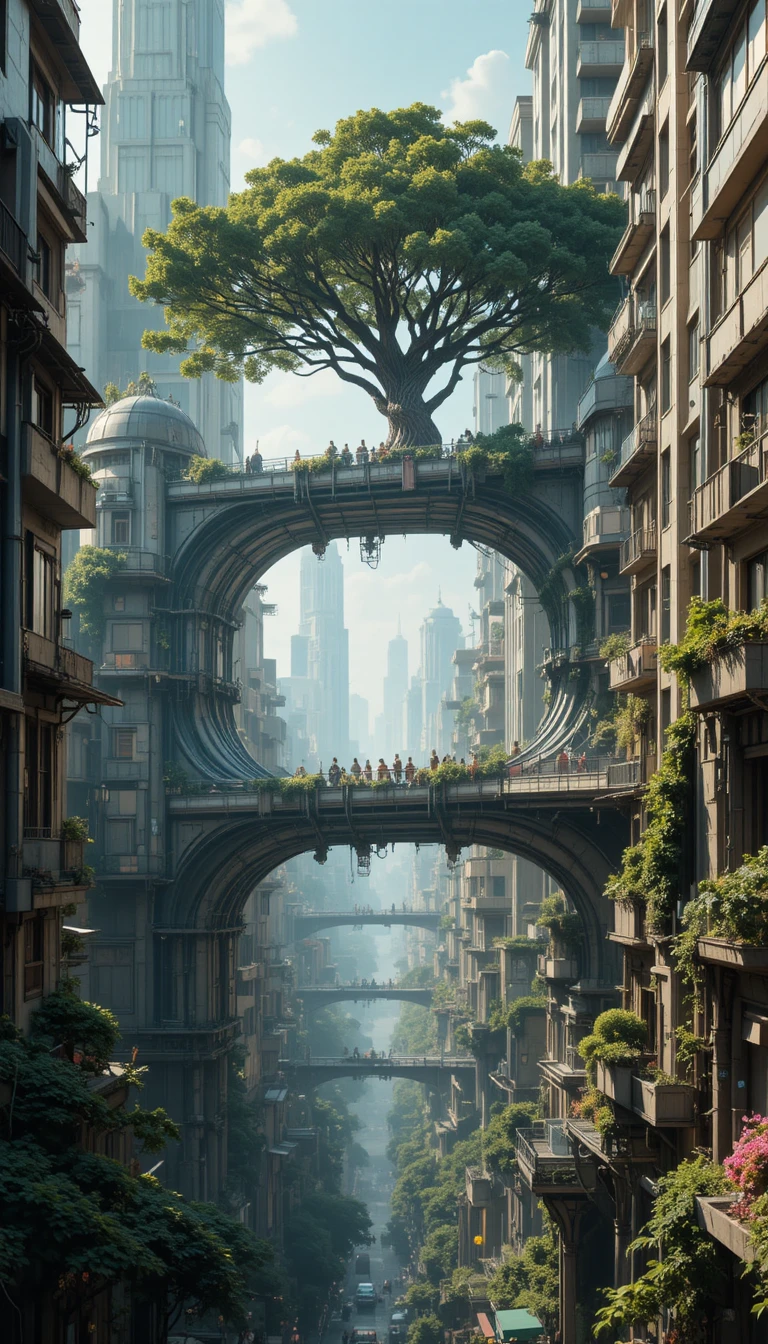 Cidade futurista solarpunk com pontes e arquitetura viva