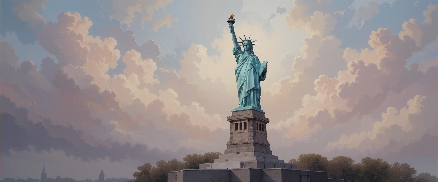 Pintura a óleo da Estátua da Liberdade em tons suaves de pastel