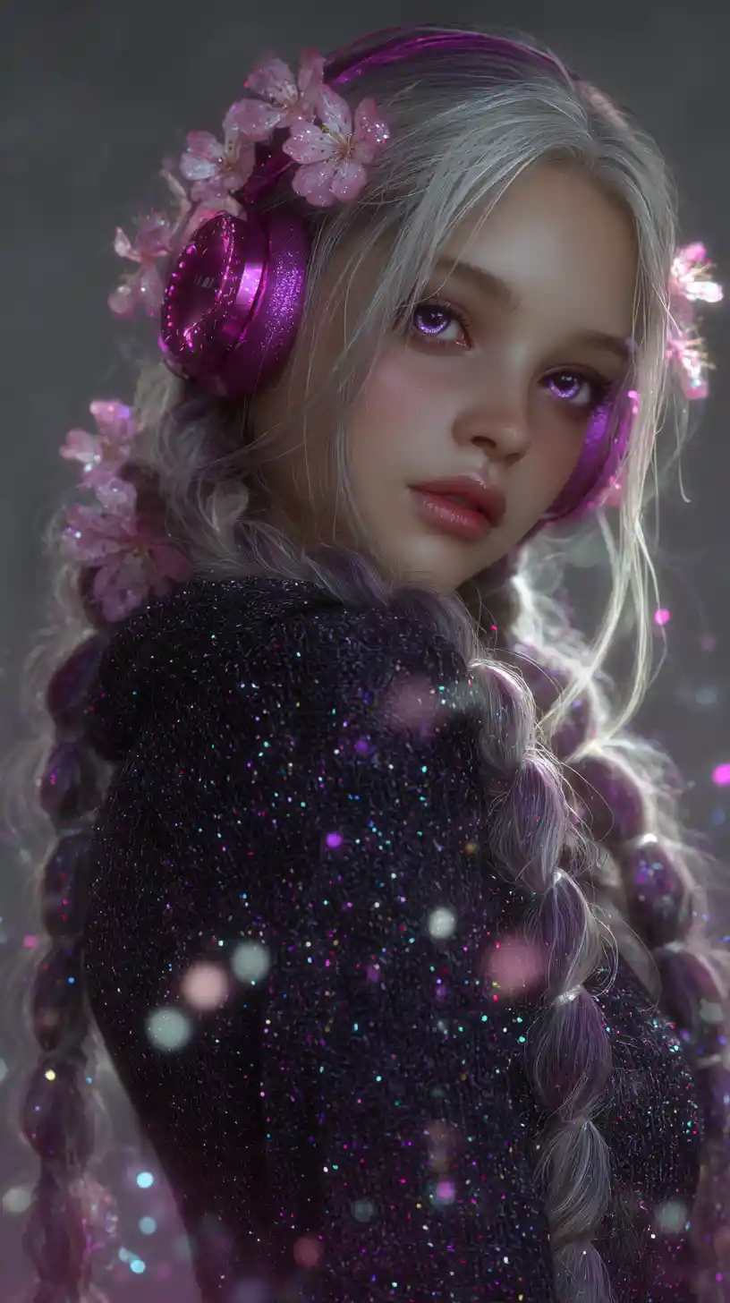 Purple haired anime girl with cosmic headphones portrait