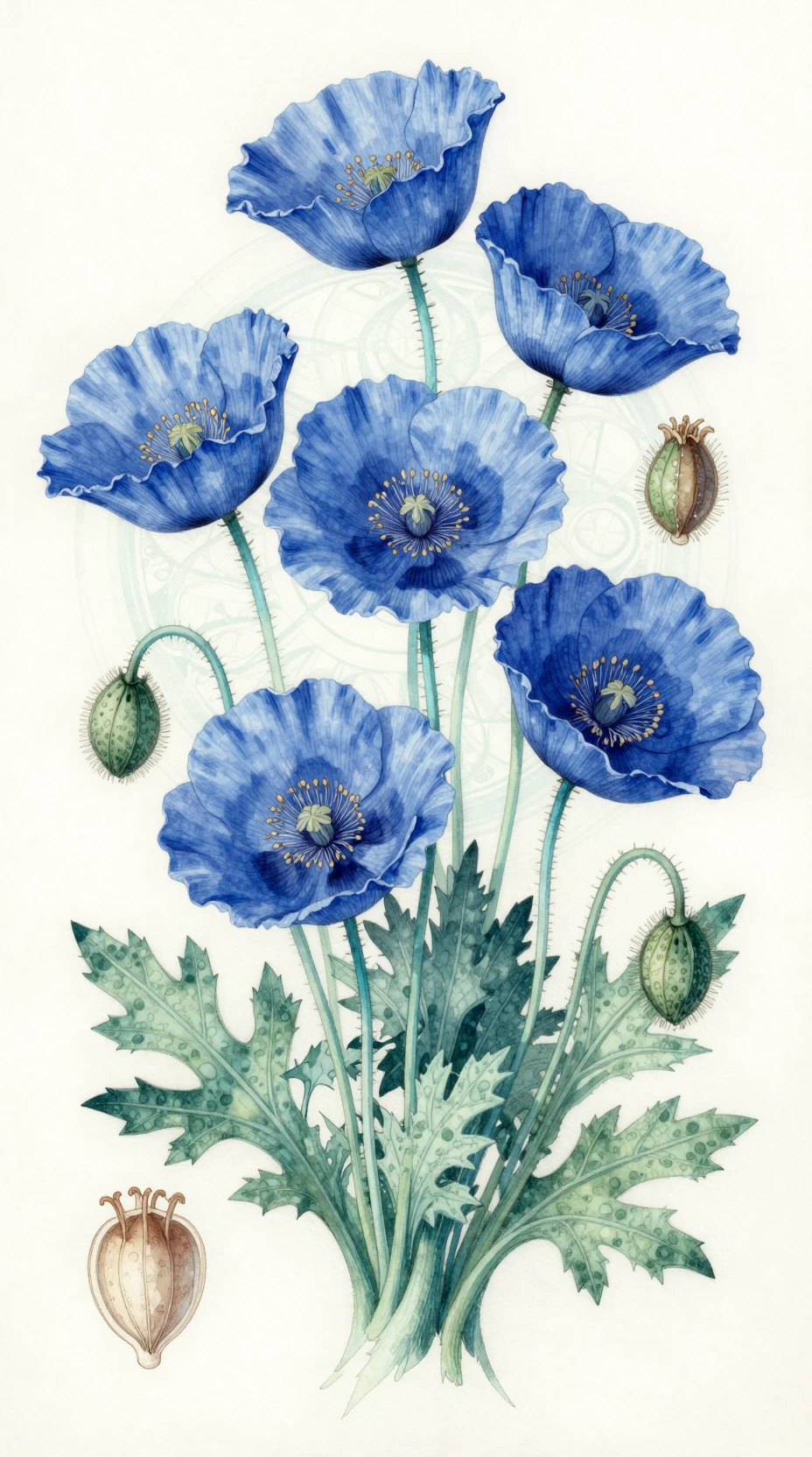 Botanische Illustration leuchtender blauer Mohnblumen auf Pergament