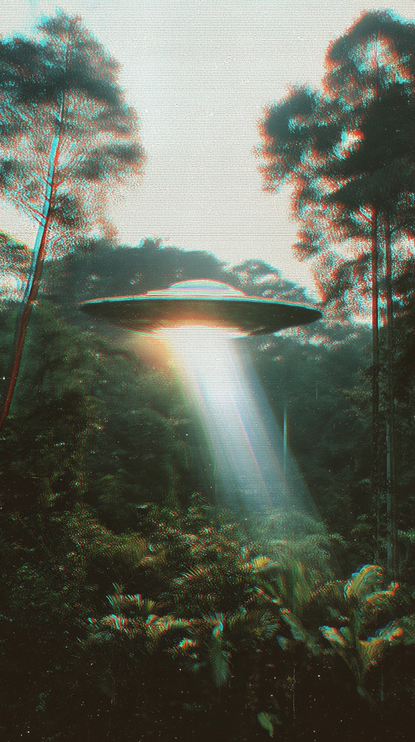 強い日差しの密林上空に浮かぶアナログ風UFO