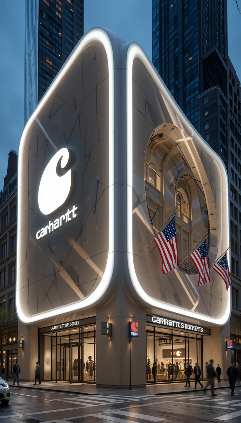 Prédio futurista bege de flagship com fachada iluminada