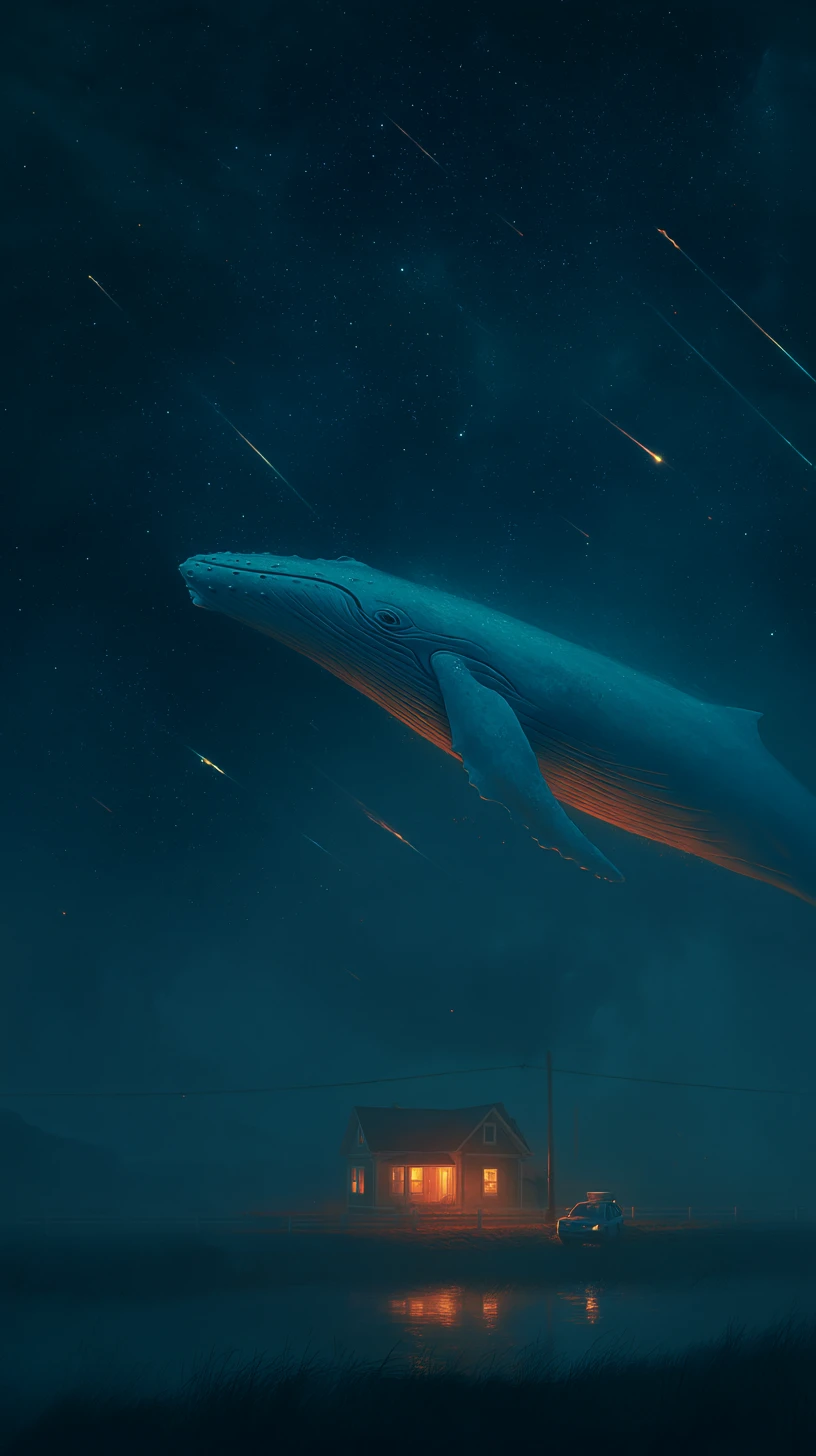 Baleia-azul à deriva em um céu noturno estrelado e brilhante