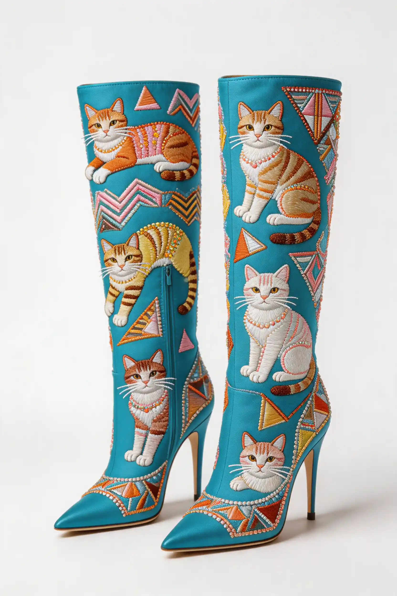 Turquoise knee high boots with embroidered art deco cats