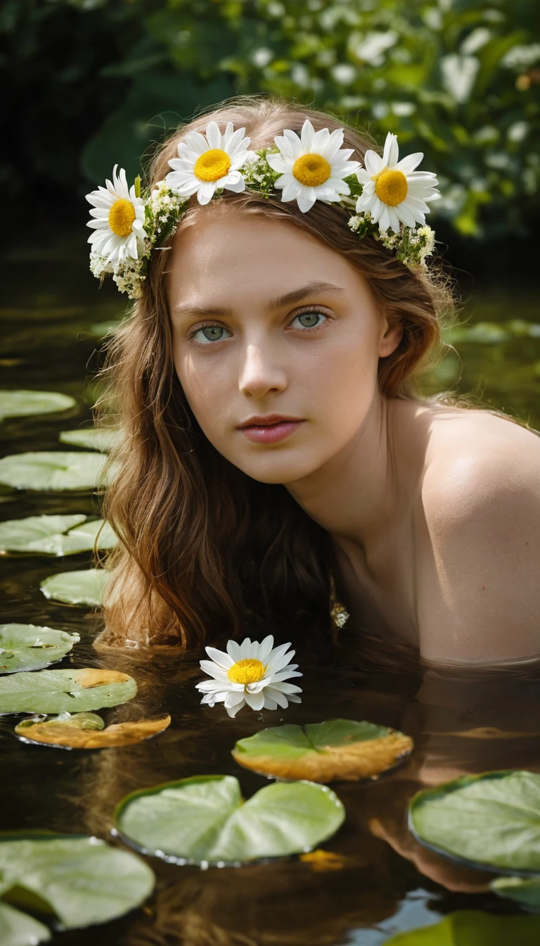 Jeune femme agenouillée dans un étang ensoleillé avec des marguerites