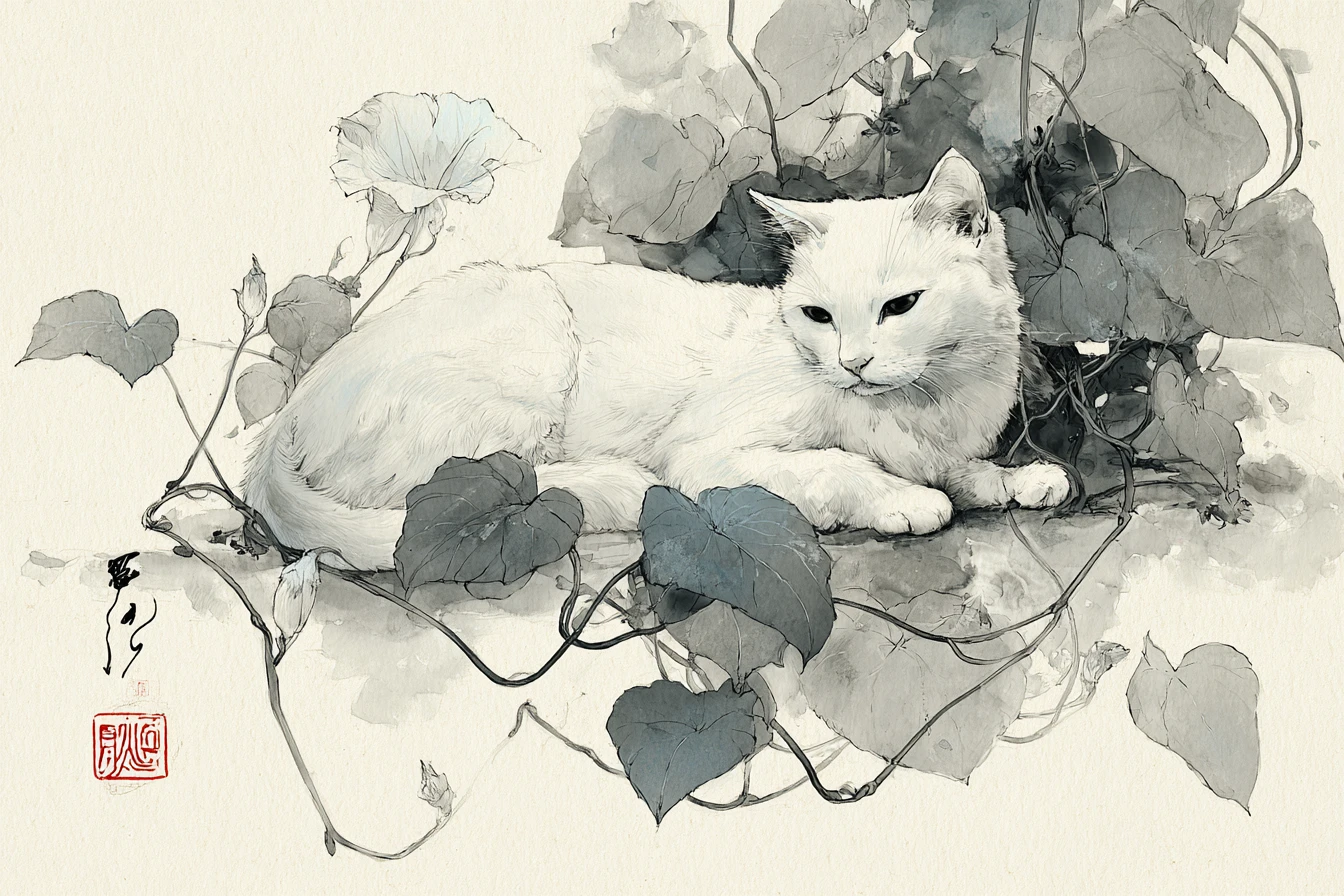 Gato branco em pintura a tinta com flores de ipomeia