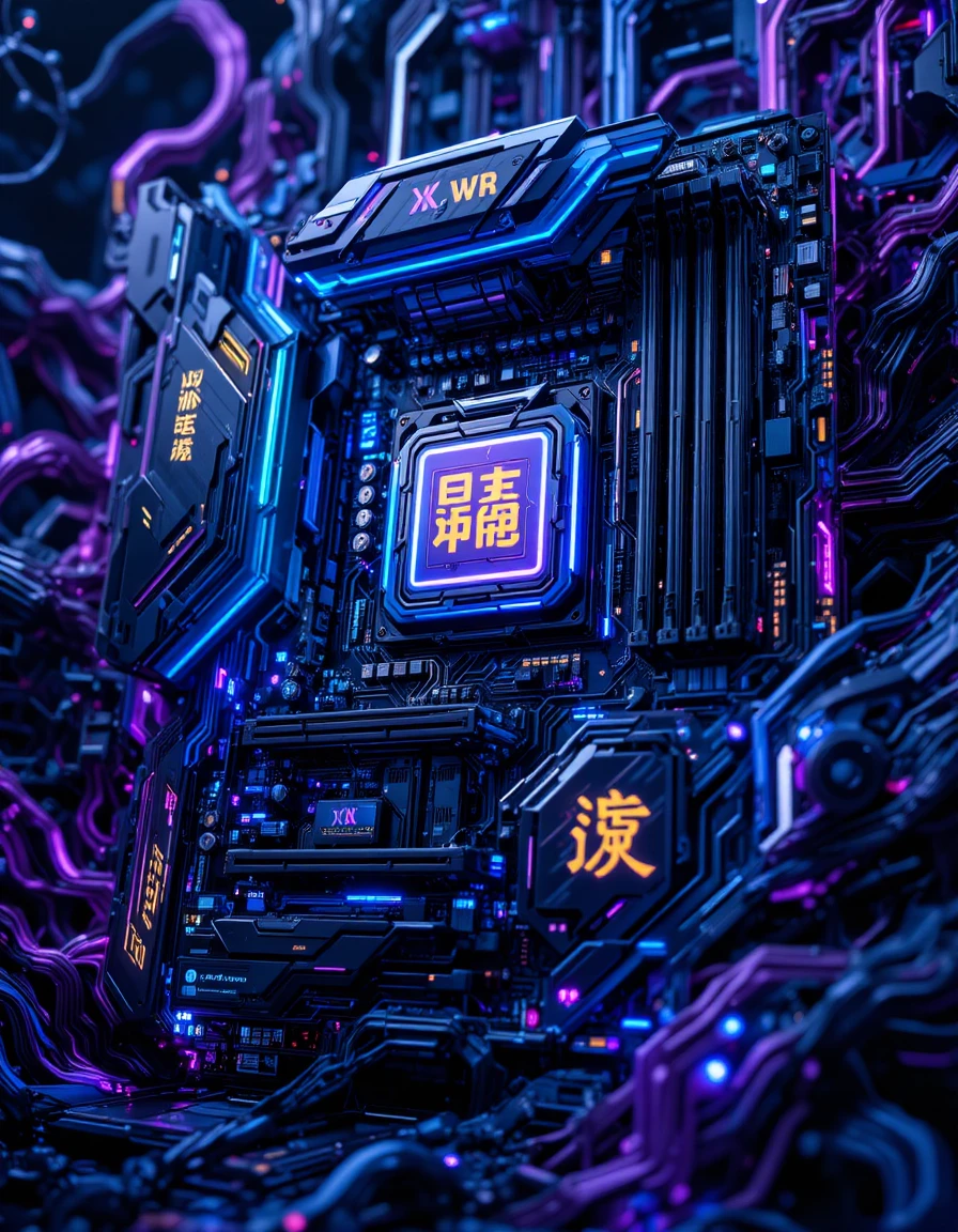Futuristic motherboard close up with neon circuits and kanji