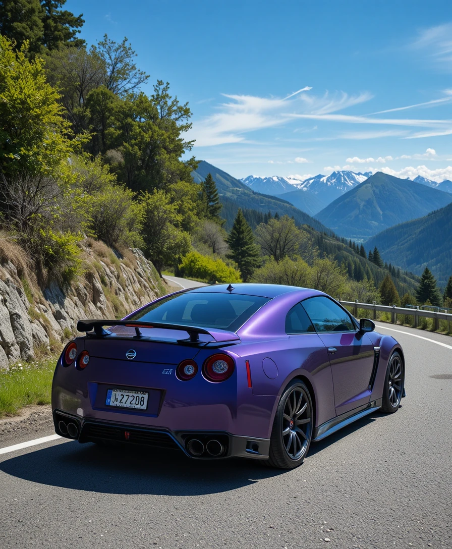 Auto sportiva viola parcheggiata su una tortuosa strada di montagna