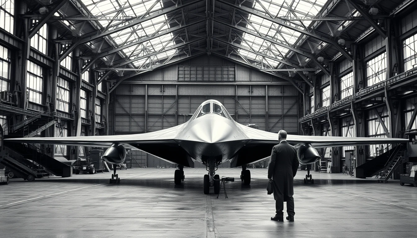 Close up of stealth bomber prototype in aircraft hangar