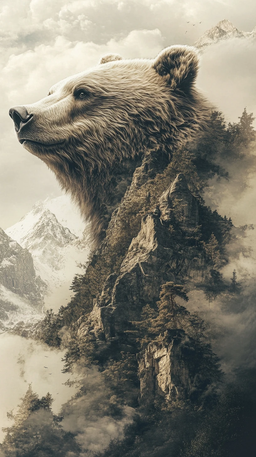 Ilusão surreal de urso na montanha com imagens ocultas em camadas